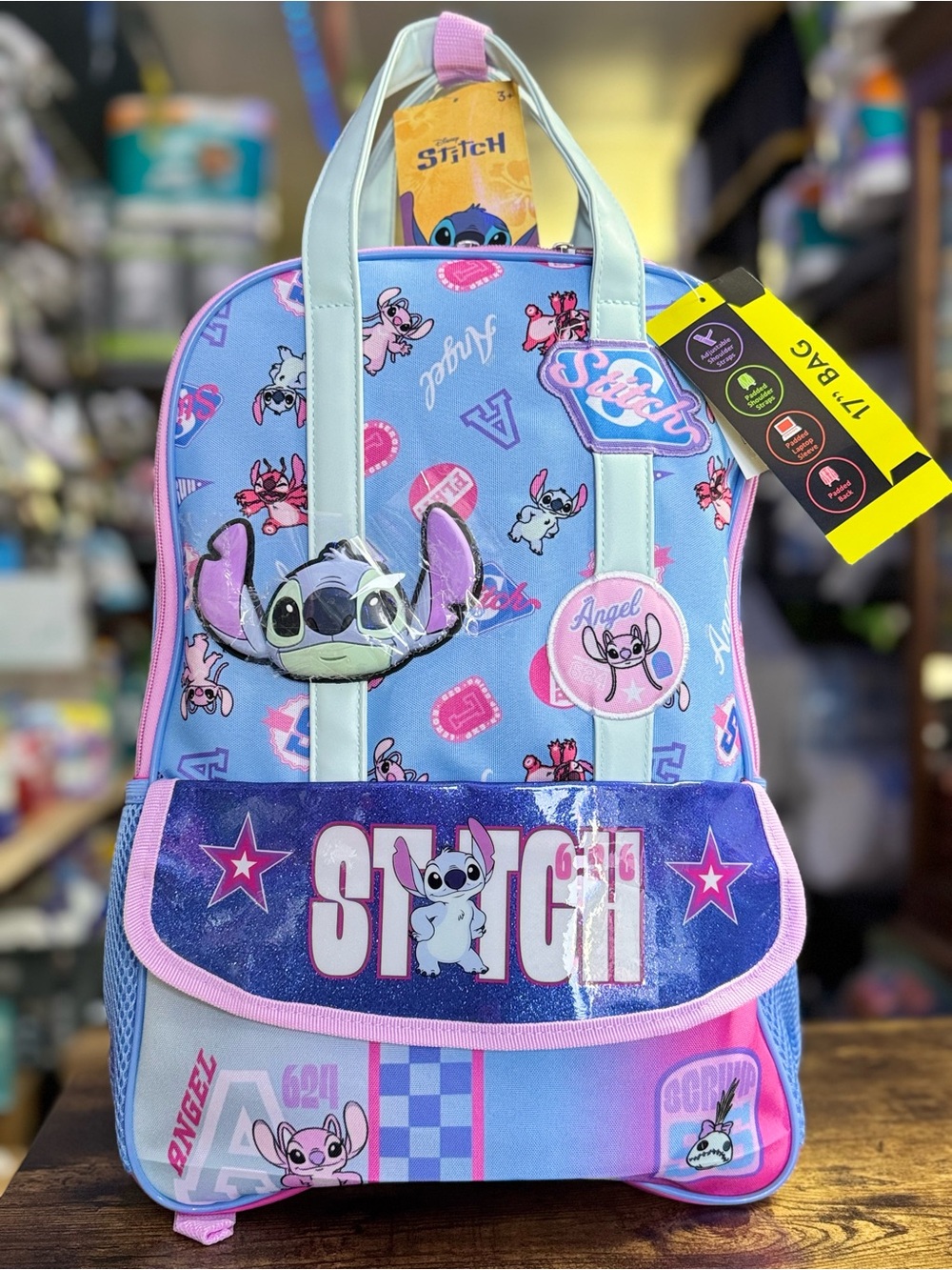 Disney Stitch Kids Backpack - Light Blue & Pink Cartoon Bag